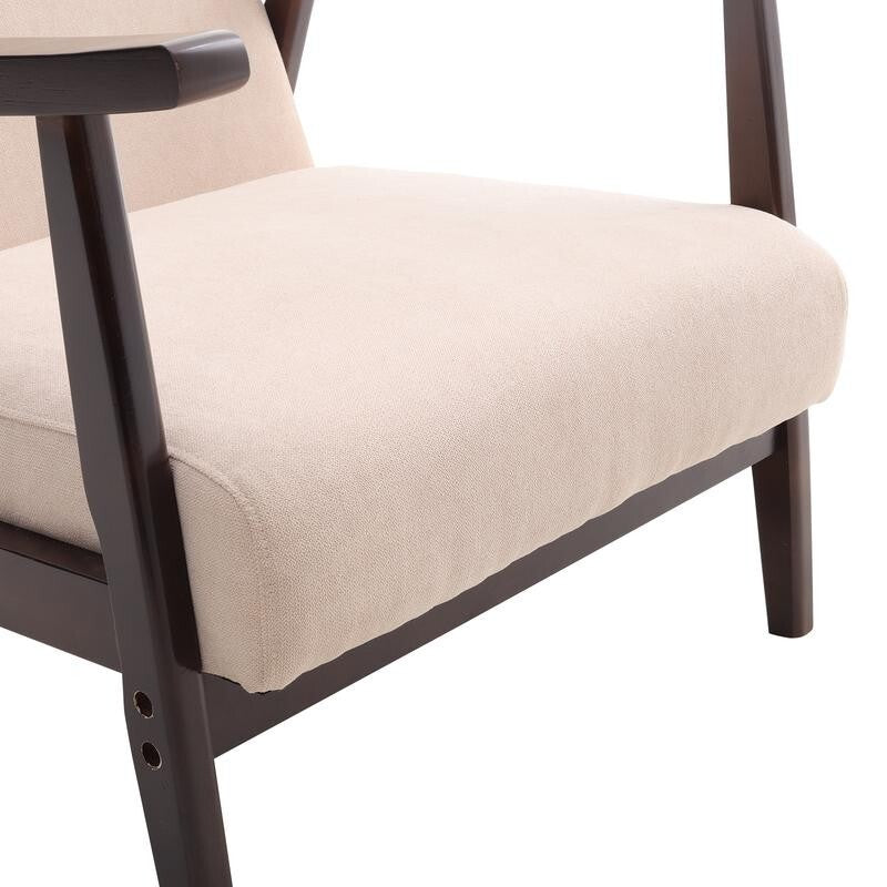 Mid-Century Beige Fabric Armchair Wooden Frame Accent Lounge Chair