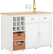 White Kitchen Island with Storage, Sideboard Cabinet & 2 Rattan Baskets