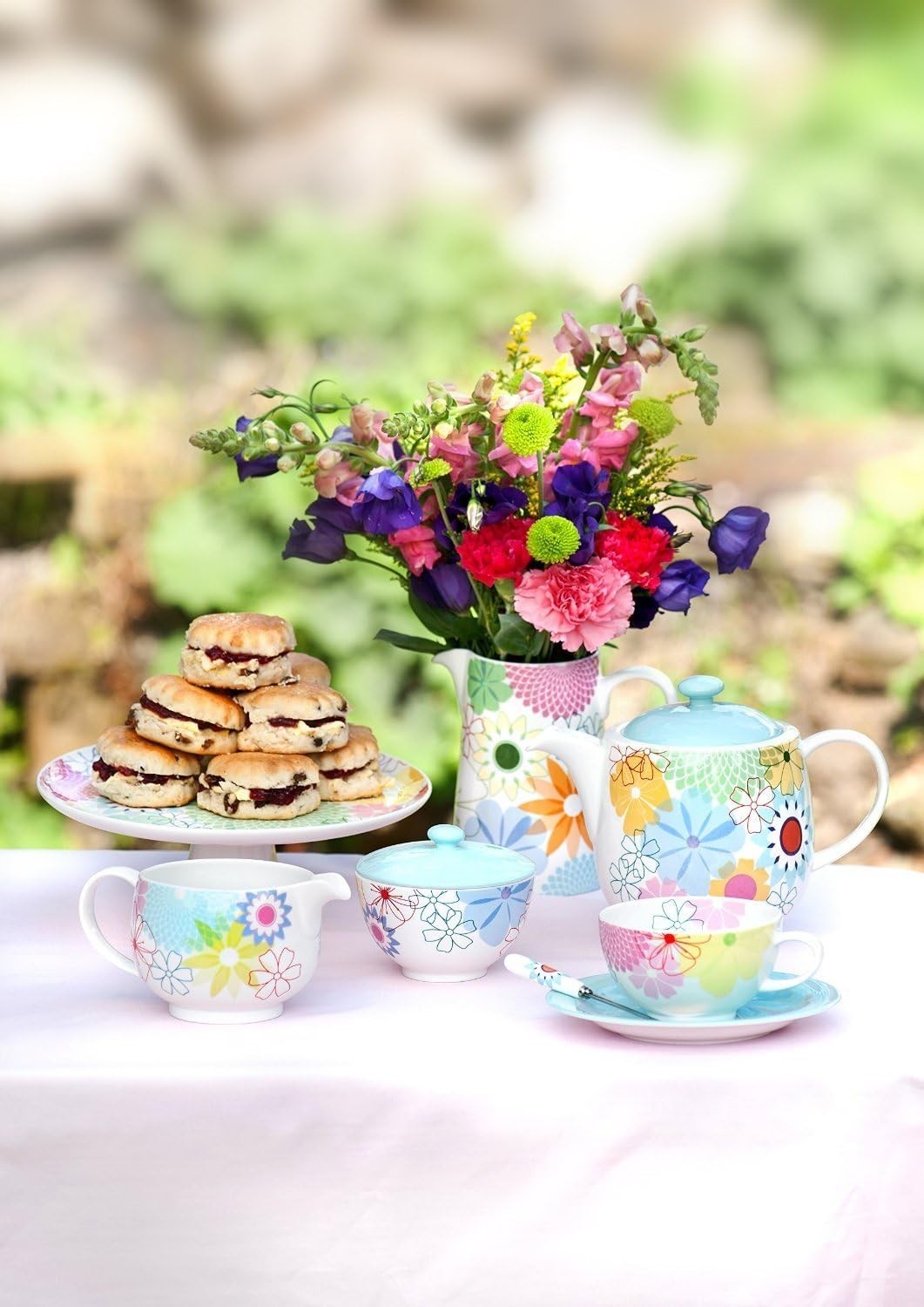 3Pc Porcelain Tea Set Teapot Sugar Bowl Milk Jug Water Garden
