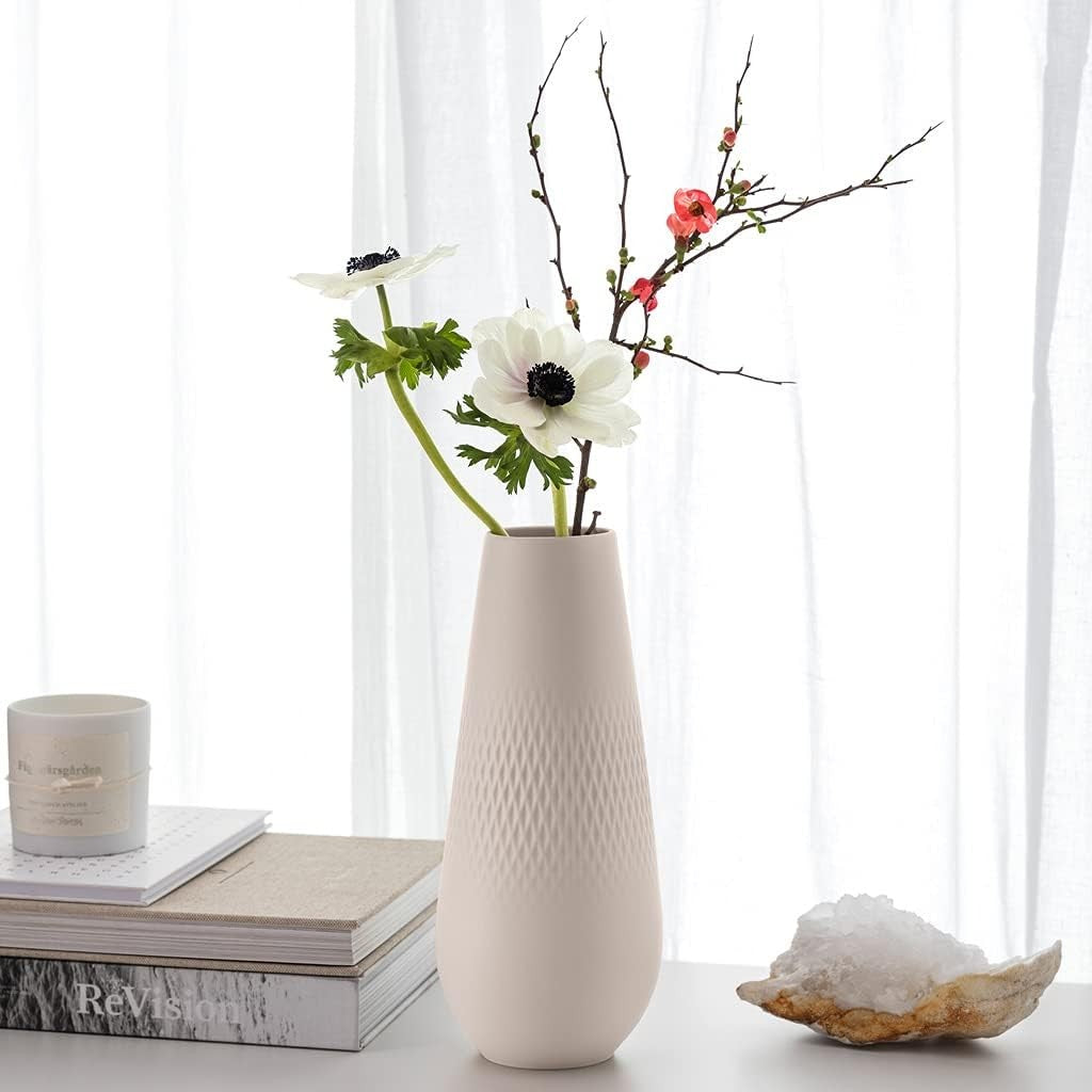 Tall Porcelain Vase 26cm Beige Modern Textured Table Floor Decor