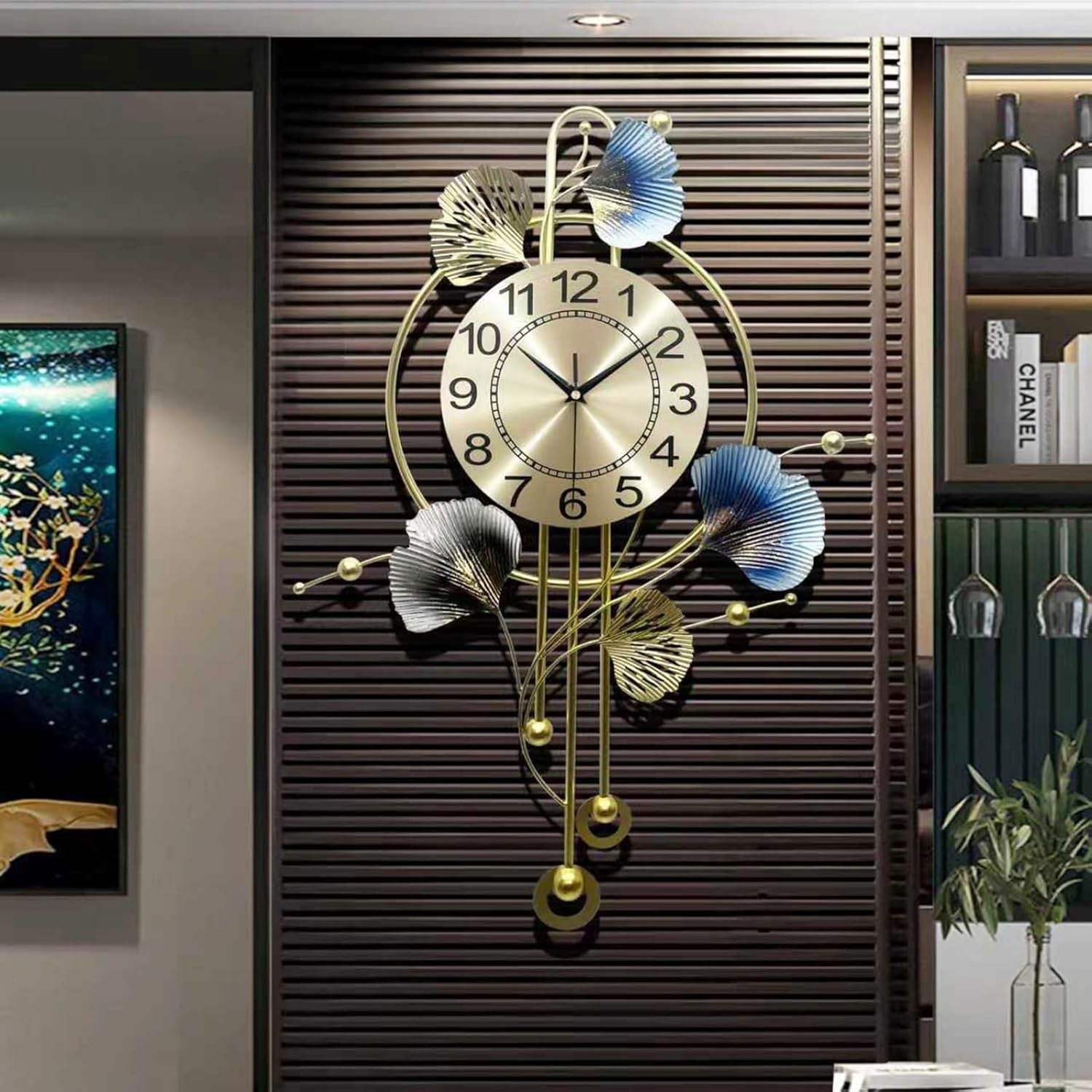 Luxury Blue Ginkgo Leaf Wall Clock 70×52cm – Silent Metal Art Pendulum Decor