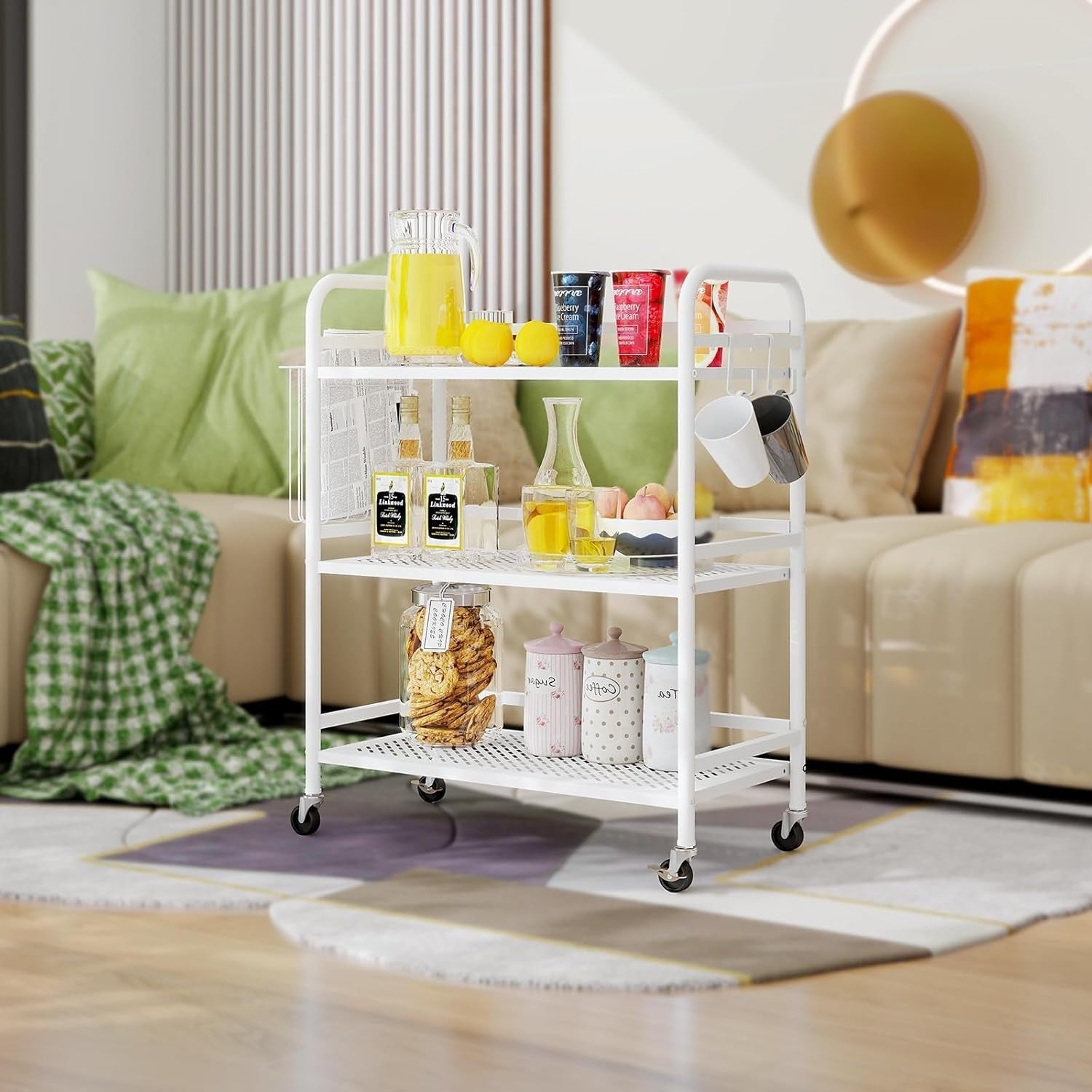 White 3 Tier Metal Mesh Rolling Utility Cart Heavy Duty Storage Rack