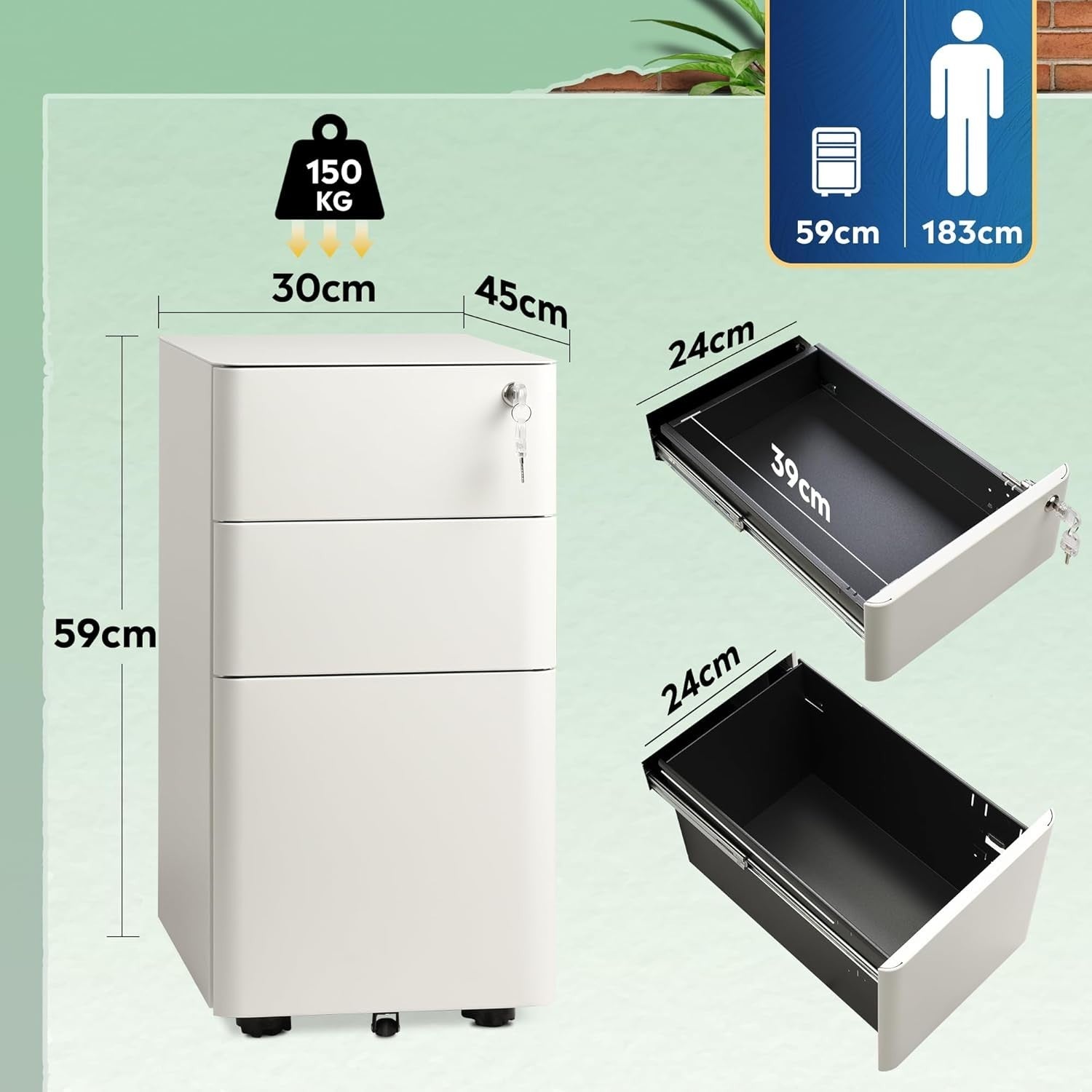 White 3 Drawer Lockable File Cabinet 45x30x59cm Mobile Steel