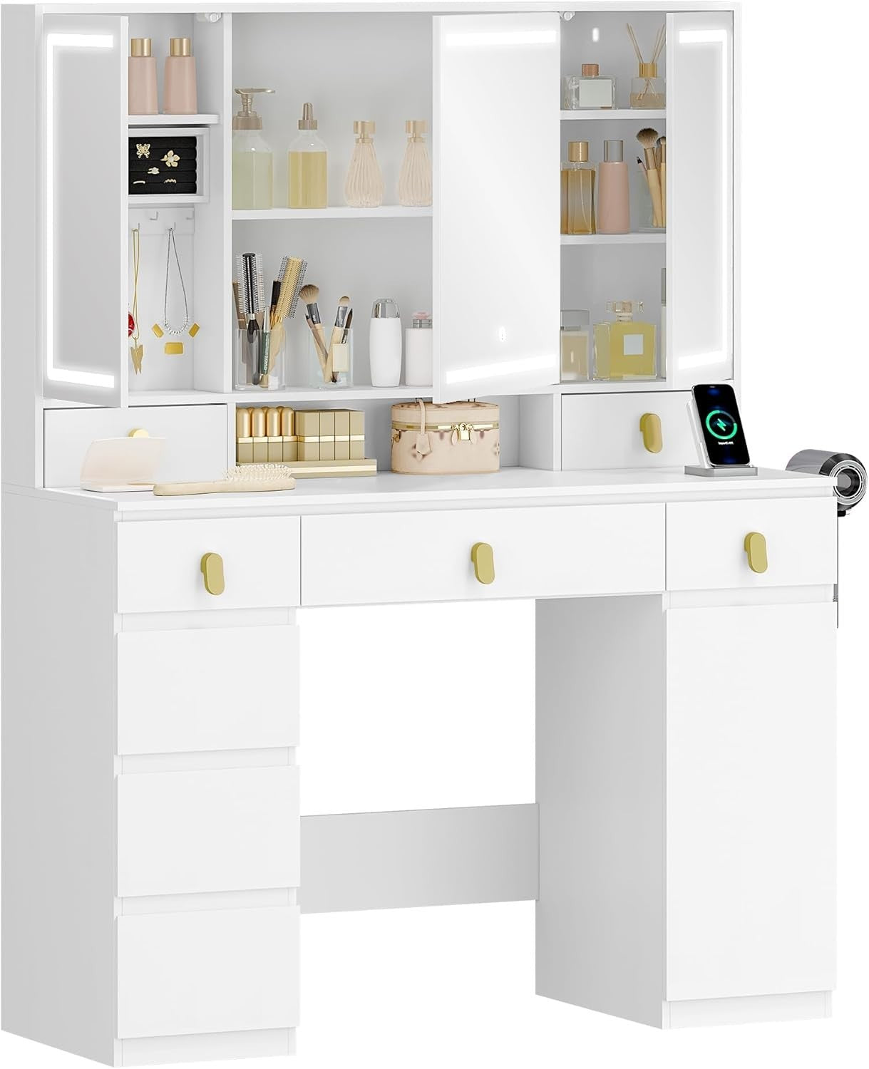 White Modern Dressing Table Vanity Desk with Lighted Mirror 8 Drawers Storage