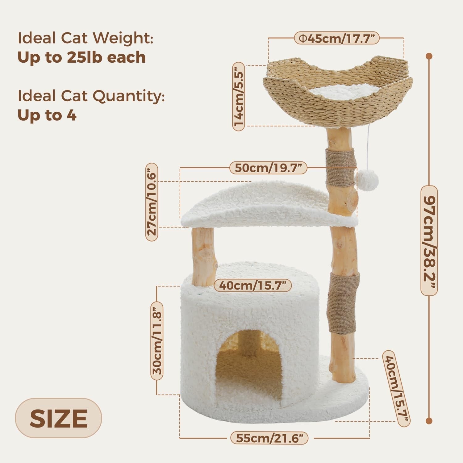 Modern Wooden Cat Tree 38in Tower with Wicker Basket Condo Curved Perch