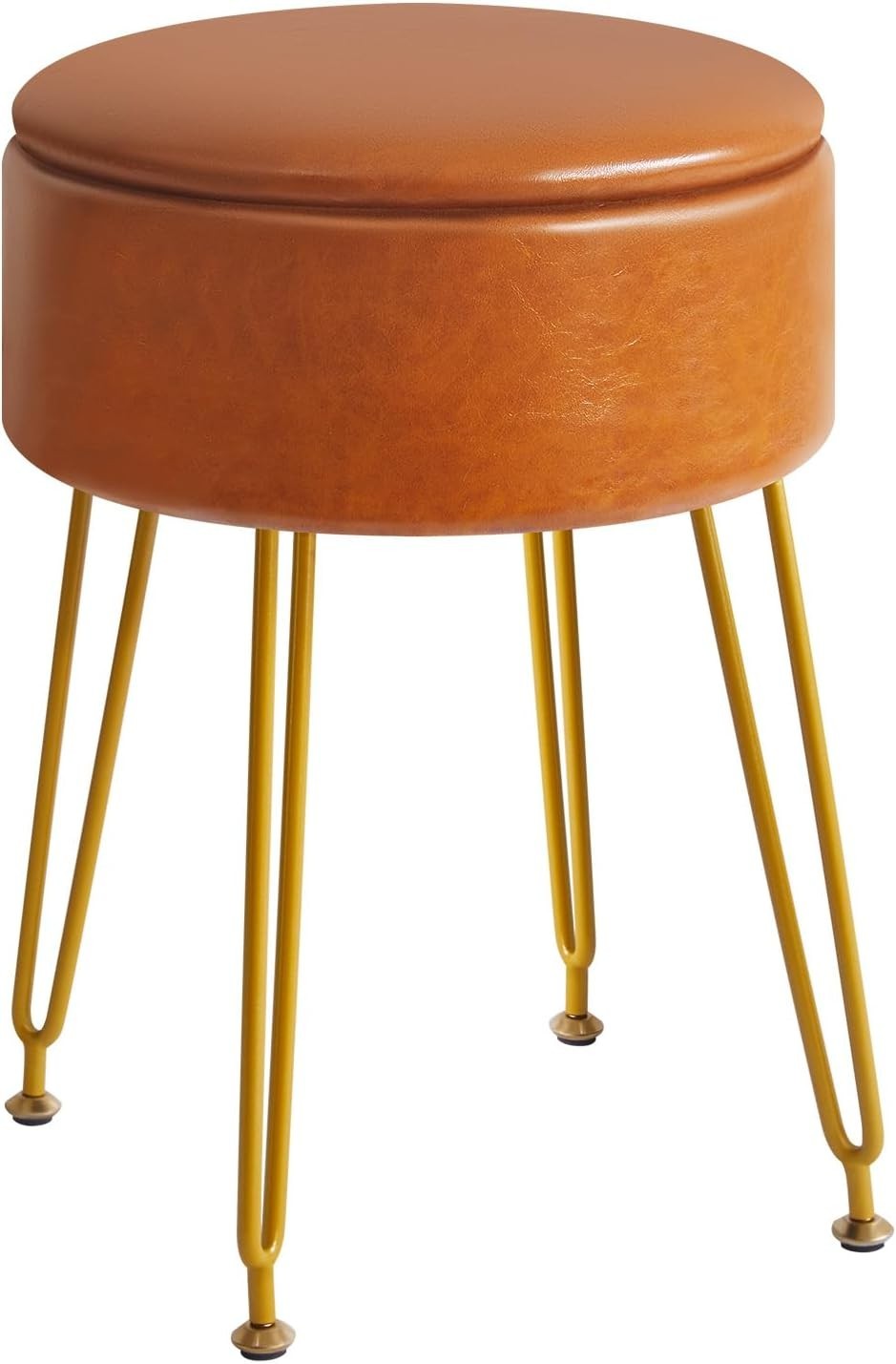 Light Brown PU Leather Round Storage Stool – Vanity Seat w/ Gold Metal Legs