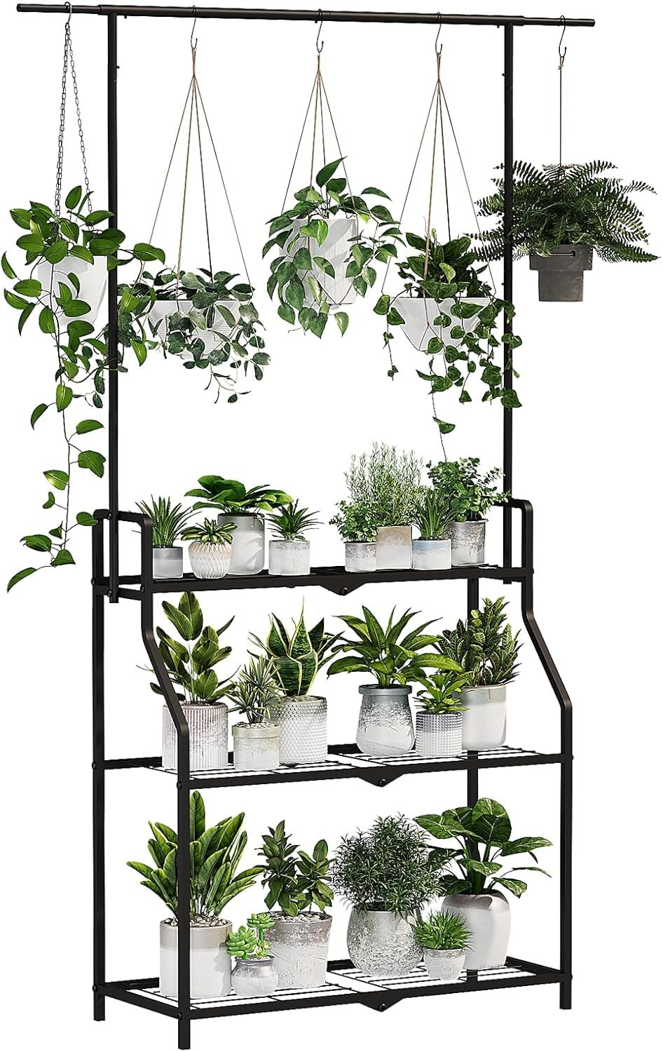 3 Tier Metal Hanging Plant Stand Black | Indoor Outdoor Flower Pot Shelf Rack
