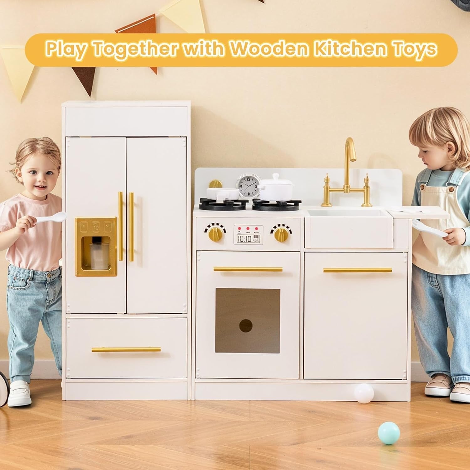 Wooden Kids Play Kitchen White w/ Fridge Ice Maker Accessories