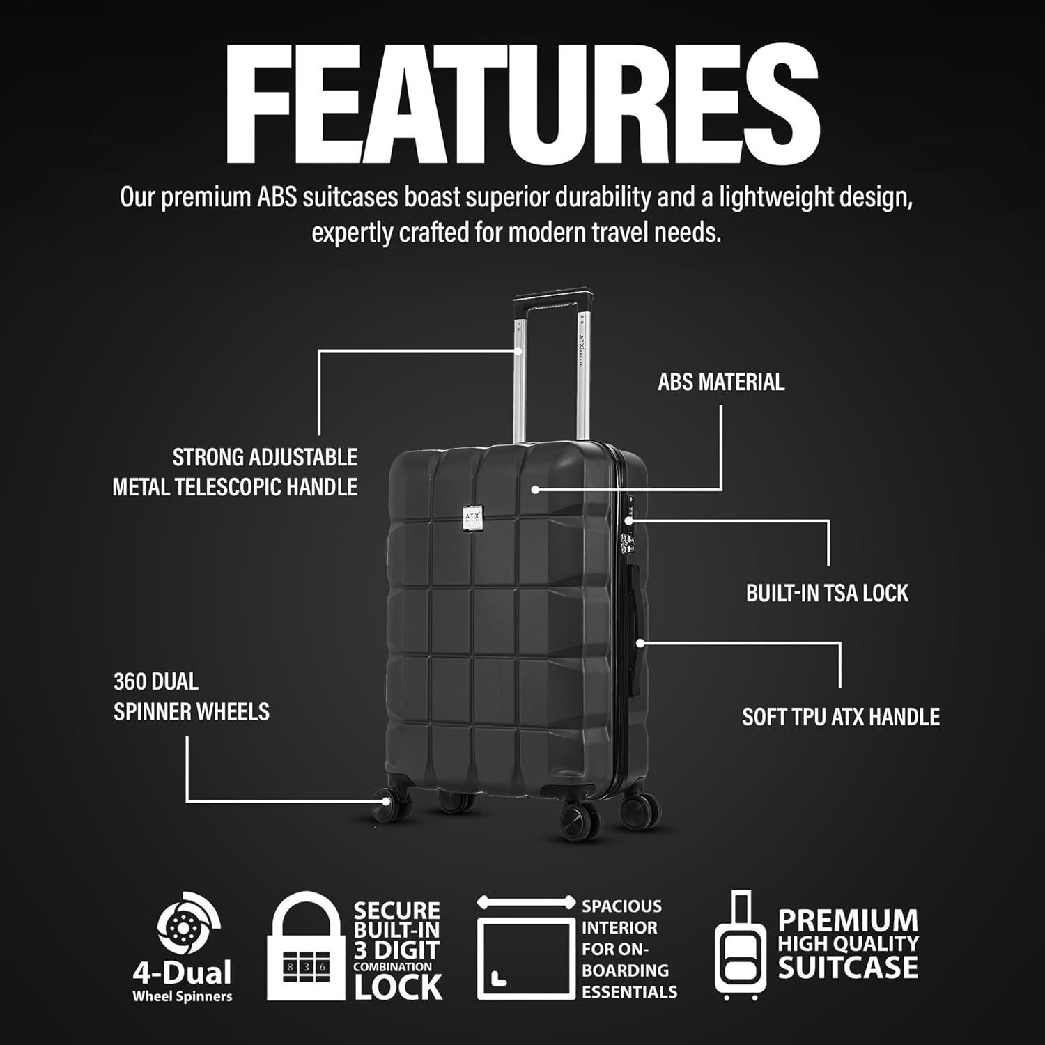 Medium ABS Hard Shell Suitcase 4 Dual Spinner Wheels TSA Lock 65L Grey