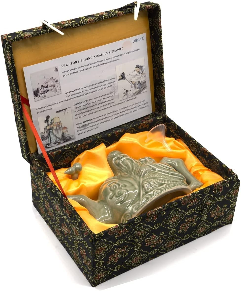 Magic Trick Teapot Ceramic Two Chamber Tea Kettle 16oz Gift Box Green