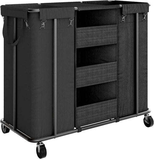 200L Rolling Laundry Sorter Cart with Shelves & Dual Hanging Bags Black