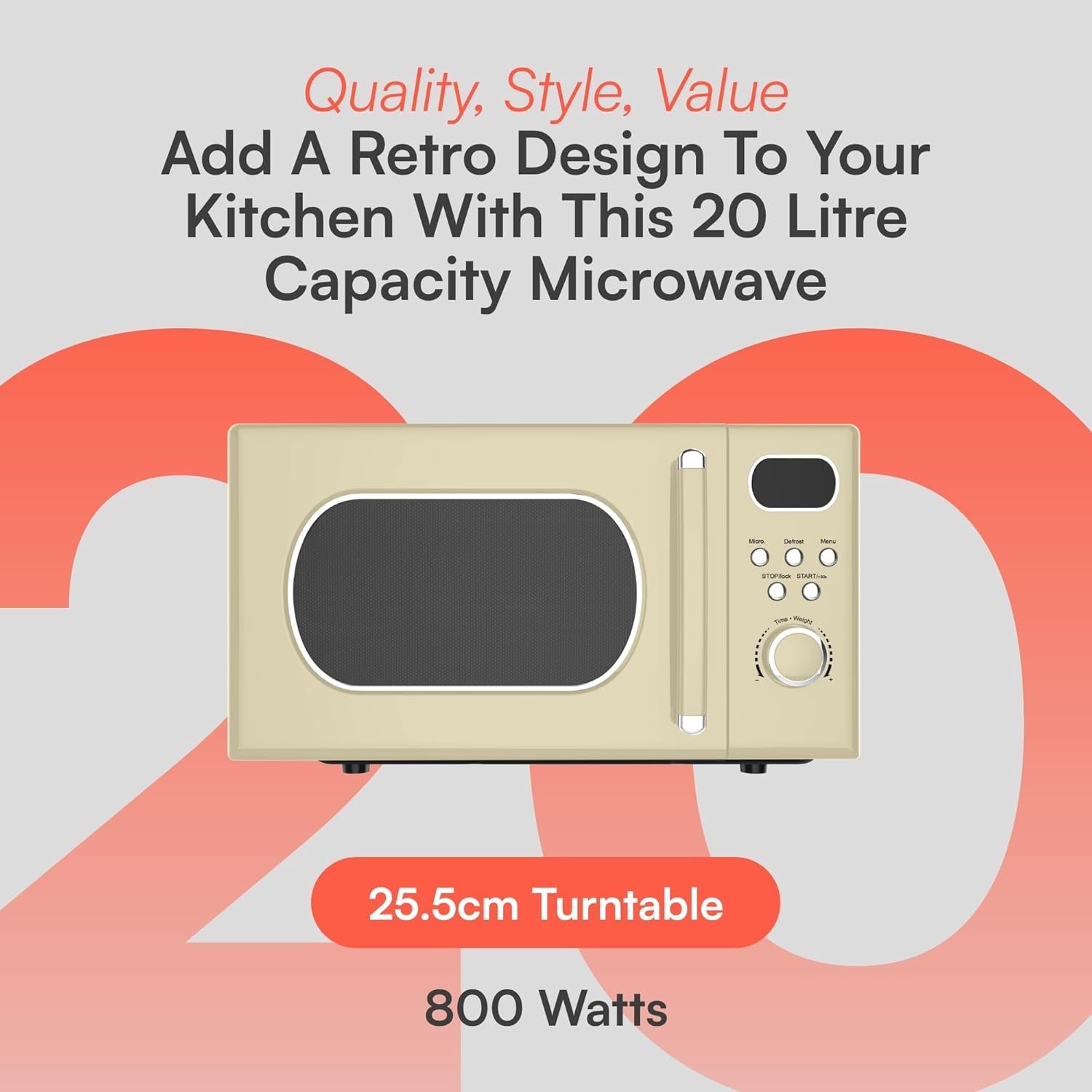 20L Retro Microwave 800W 8 Auto Programs 5 Power Levels Cream