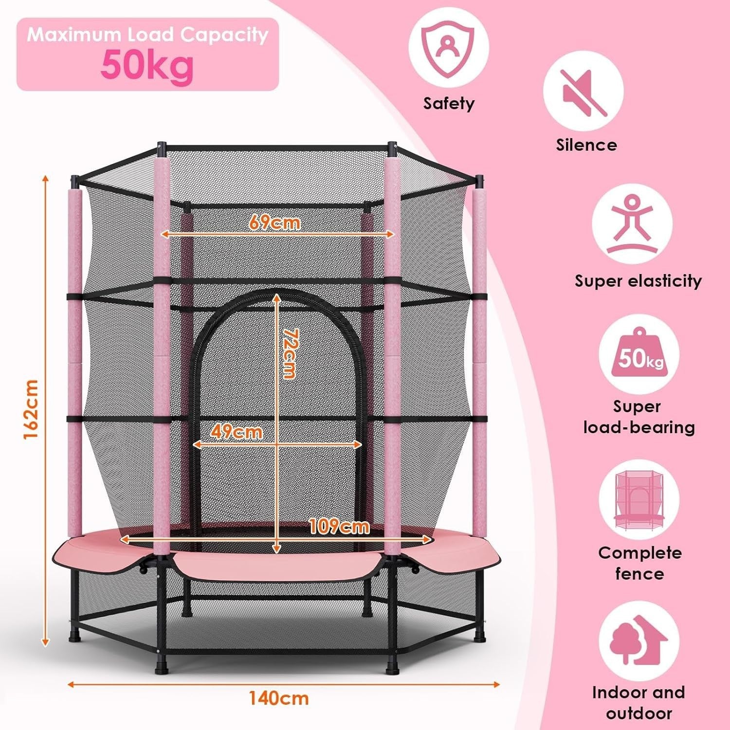 55” Kids Trampoline Indoor Outdoor Safety Enclosure Floor Net Ages 3–10