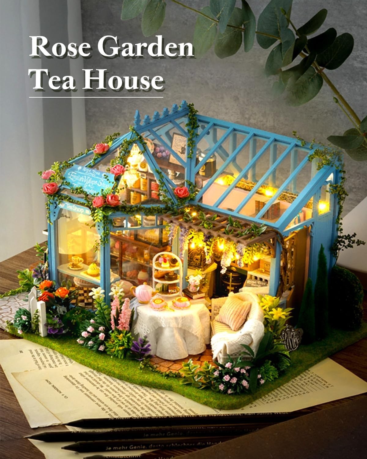 DIY Book Nook Kit Rose Garden Tea House LED Miniature Bookend Decor