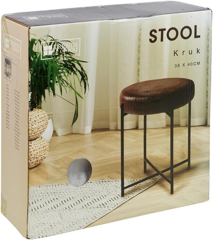 Brown Faux Leather Vanity Stool Round Padded Seat Modern Metal Leg Chair
