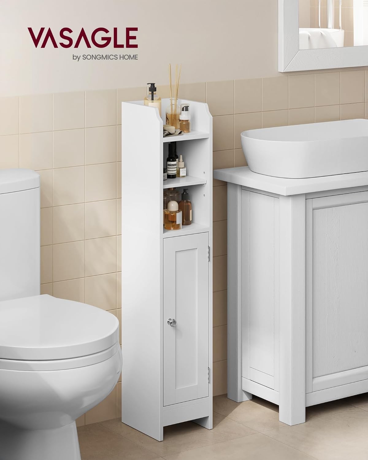 Slim White Bathroom Storage Cabinet with Door, Adjustable Shelves & Narrow Desig
