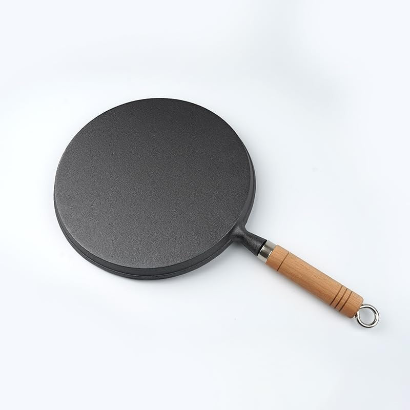 26cm Cast Iron Crepe Pan, Heavy Duty Non Stick Griddle with Wooden Handle