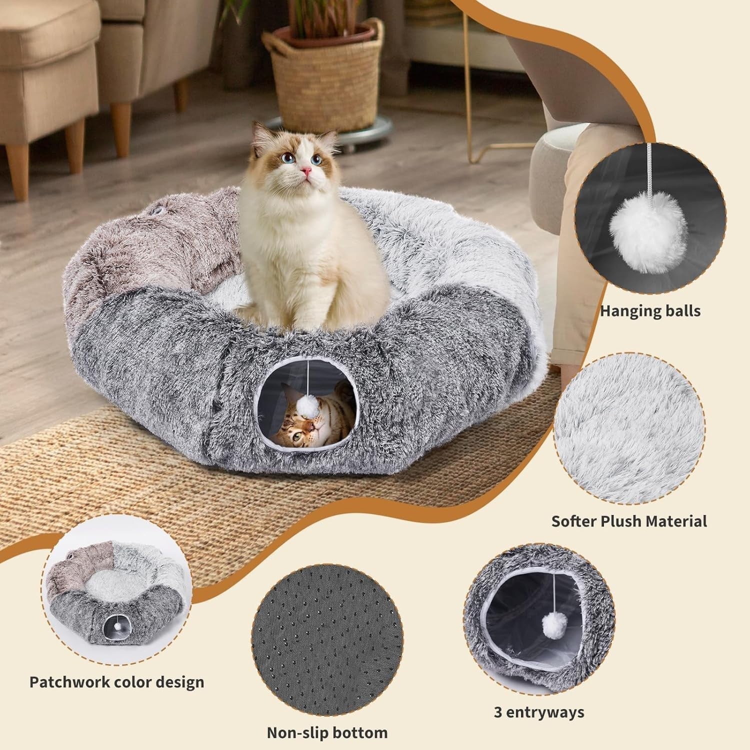 Extra Large Cat Tunnel Bed Donut Foldable Play Tunnel w Toy Set