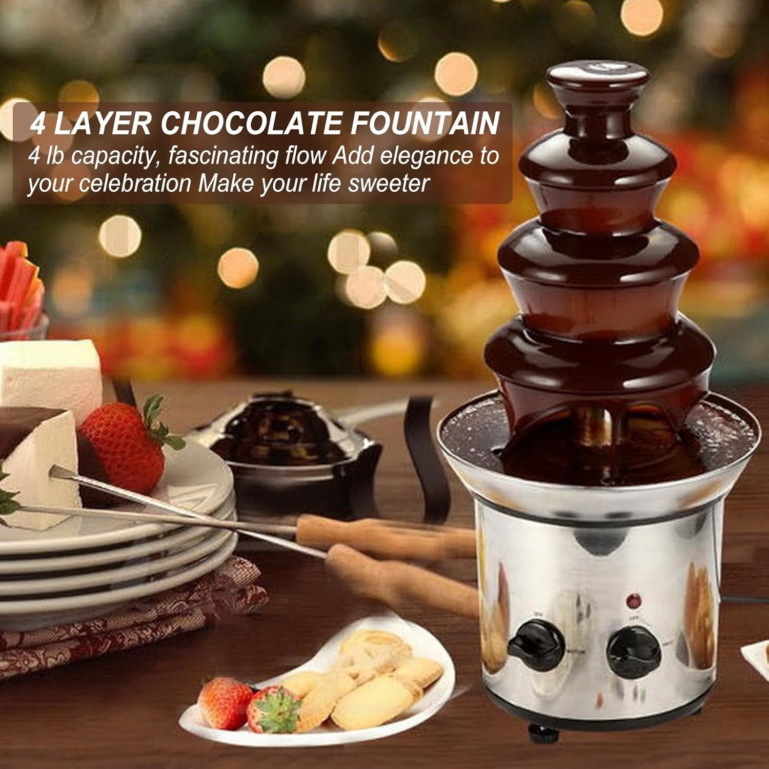 4 Tier Chocolate Fountain Machine Electric Fondue Set 220V UK Plug