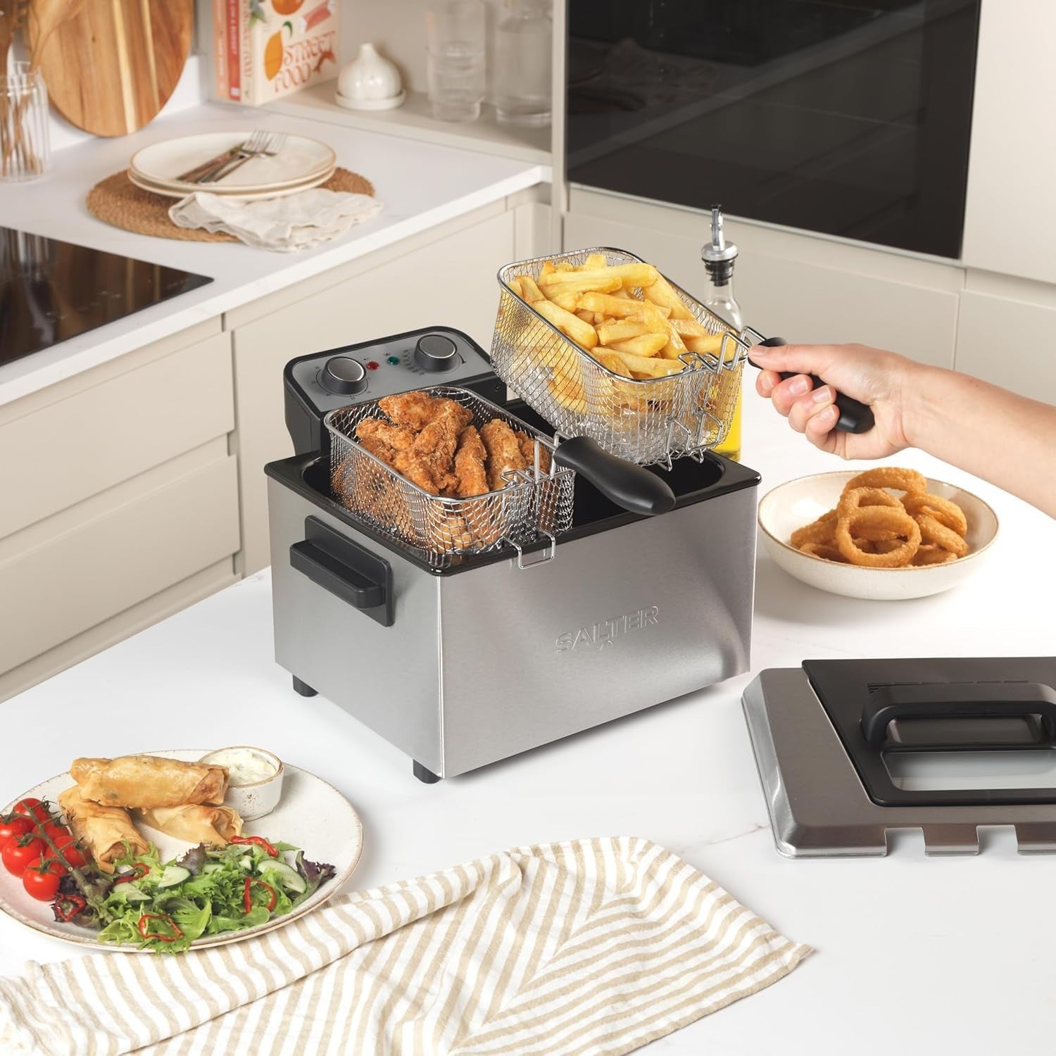 5L Deep Fat Fryer 3000W Dual Baskets Timer Adjustable Temp Viewing Window