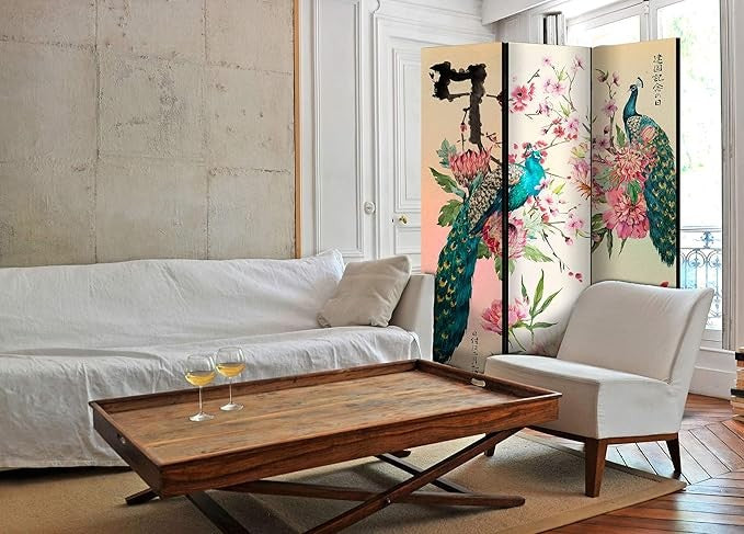 Oriental Peacock Room Divider 135x172cm Folding Double-Sided Screen
