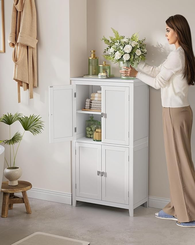 Tall White Bathroom Storage Cabinet with 4 Doors & Adjustable Shelves – Modern