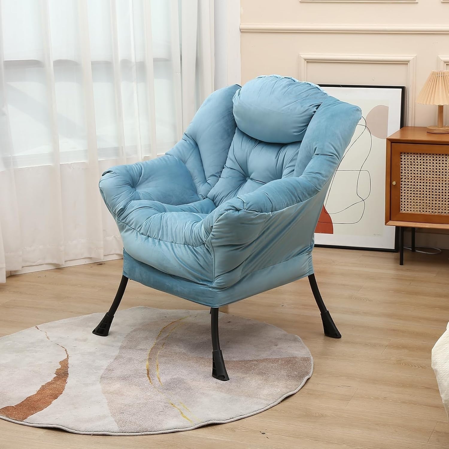 Modern Blue Accent Lounge Chair with Side Pocket | High Back Padded Sofa