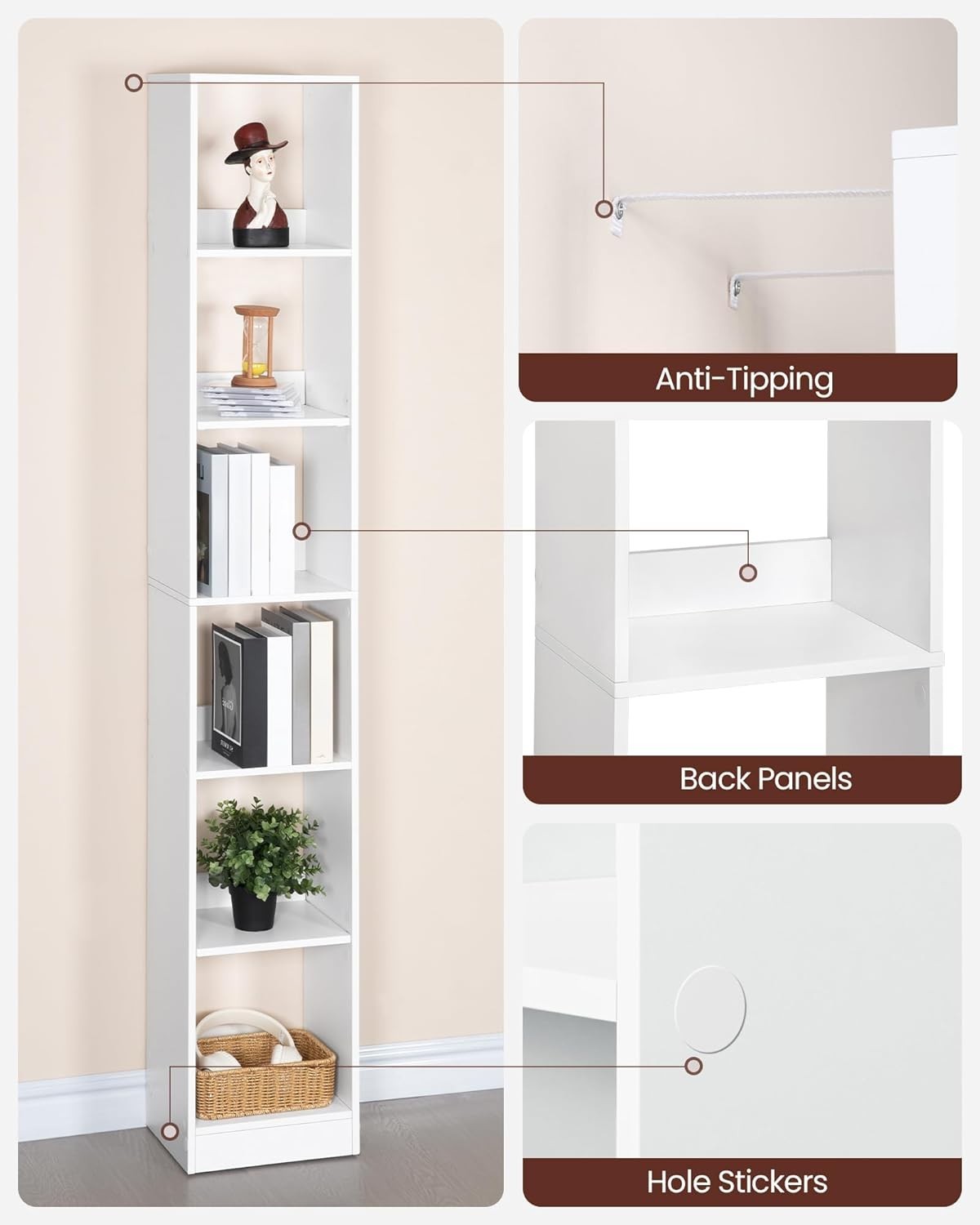 Modern 6-Tier White Wooden Bookshelf, Adjustable Shelves, 24x30x184 cm