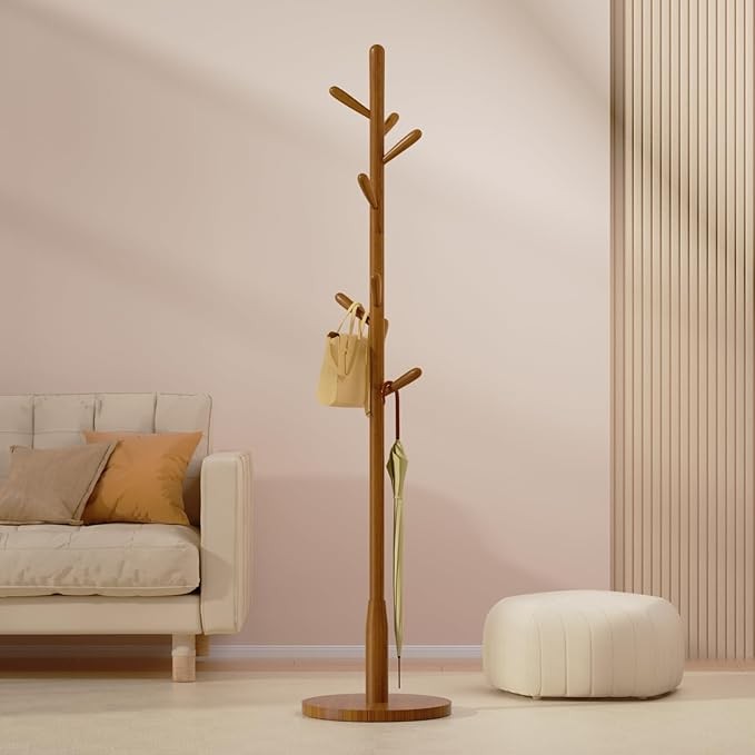 Brown Wood Coat Rack 8 Hooks Round Base Freestanding Hall Tree Stand
