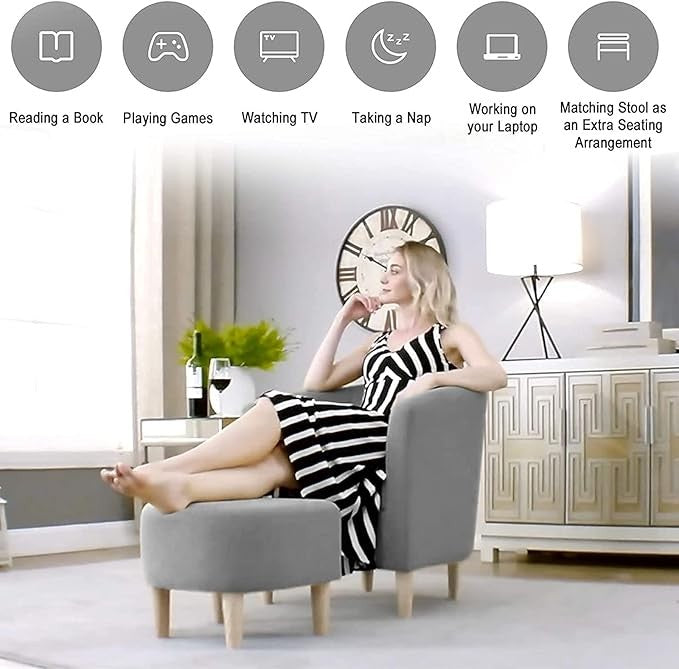 Grey Tub Chair with Footstool Linen Accent Armchair Small Spaces