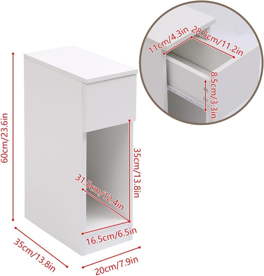 Slim White Bedside Table with Drawer & Shelf, Narrow Nightstand for Small Spaces