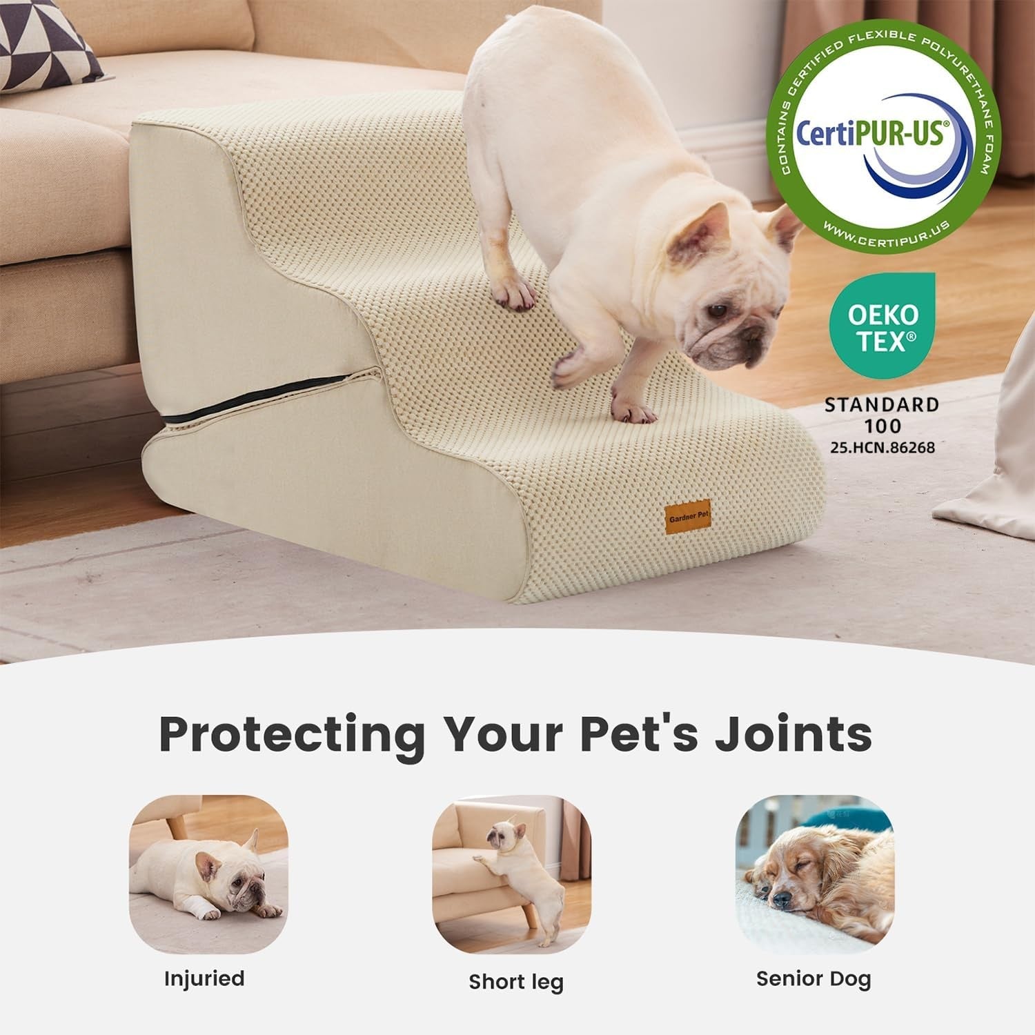 Adjustable 3 Step Dog Stairs Pet Ramp Non Slip Washable Beige