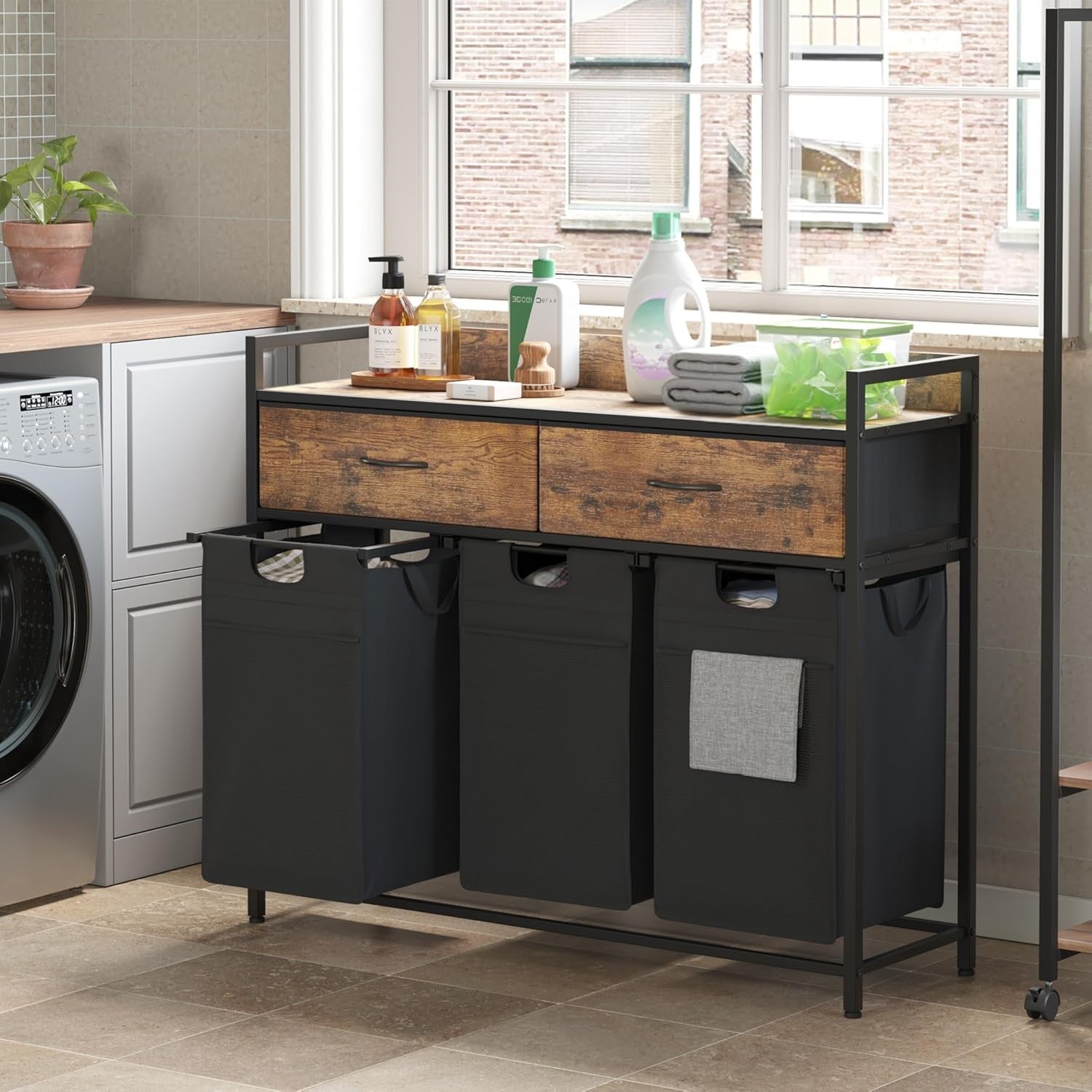 3 Compartment Laundry Sorter on Wheels with Drawers Rustic Brown Black 106cm