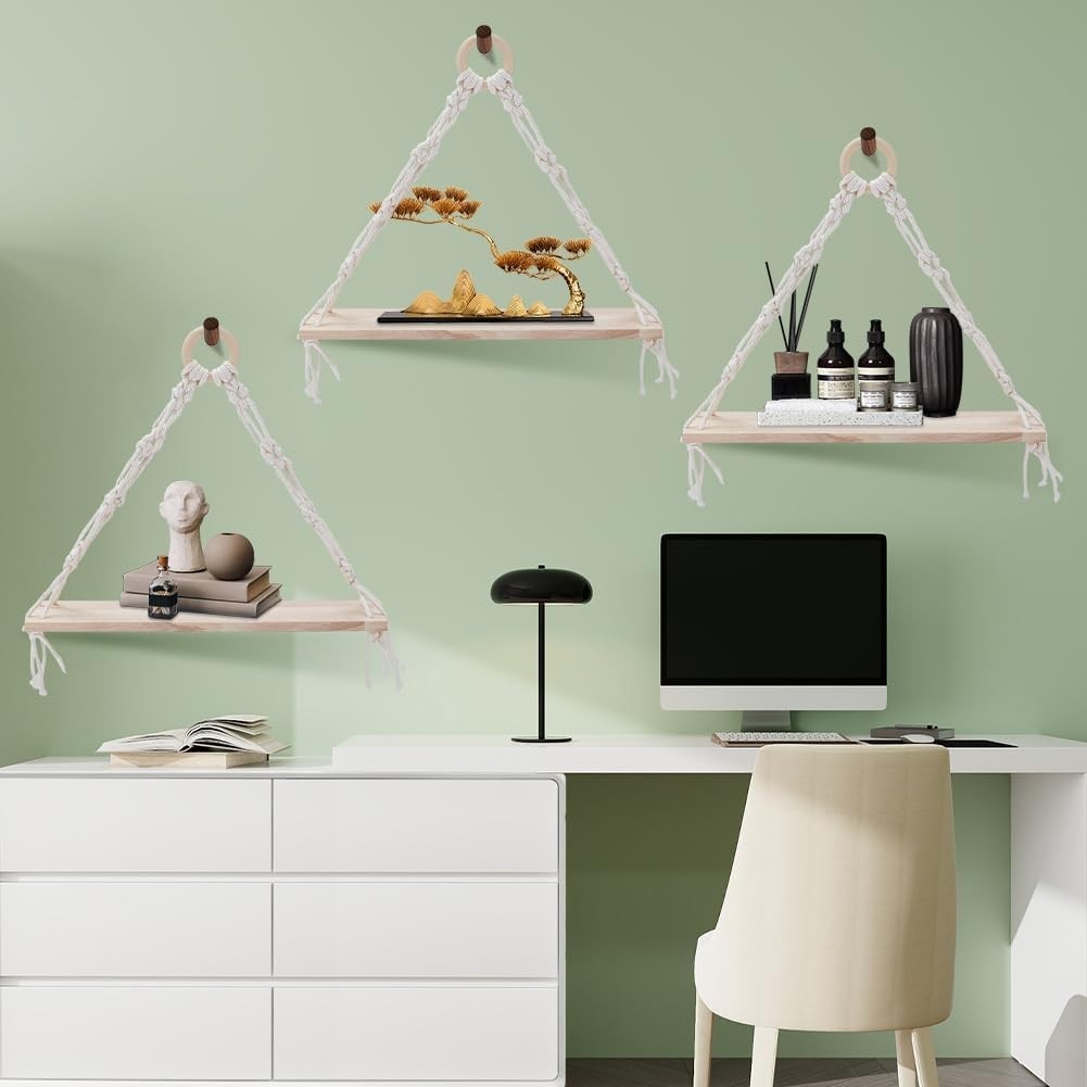 3pcs Boho Hanging Shelves Wood Floating Wall Decor 13.8x14.2in