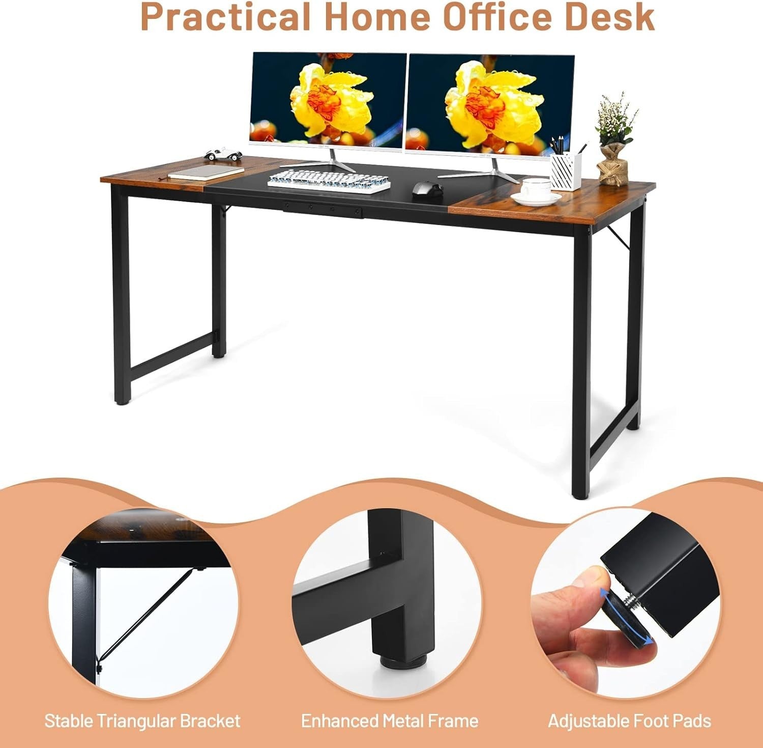 Vintage & Black 160cm Industrial Computer Desk with Metal Frame