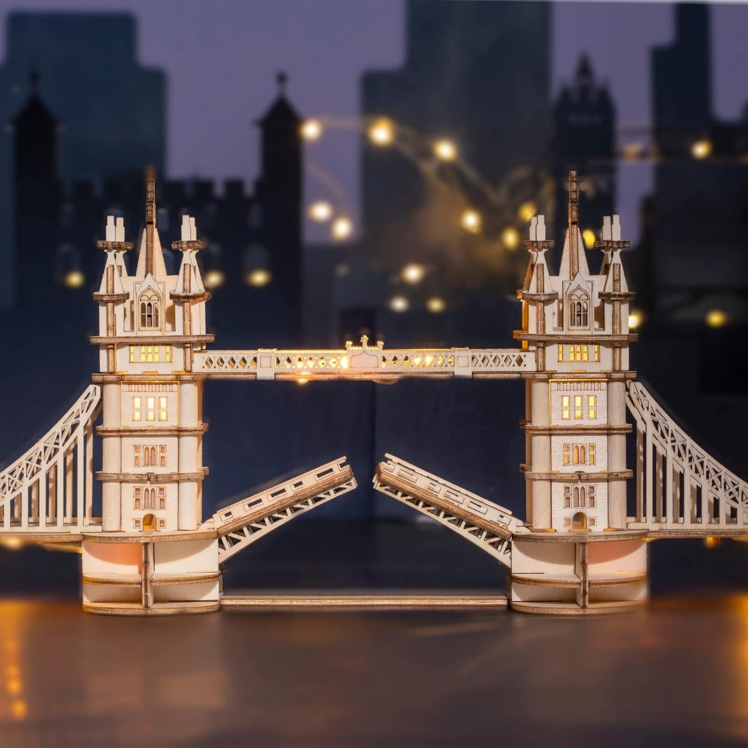 3D Wooden Tower Bridge Puzzle with Lights - DIY Model Kit for Home Decor