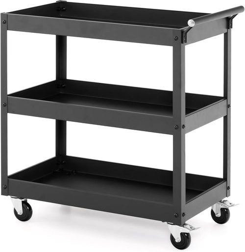3 Tier Heavy Duty Tool Trolley Rolling Utility Cart Lockable Wheels Black