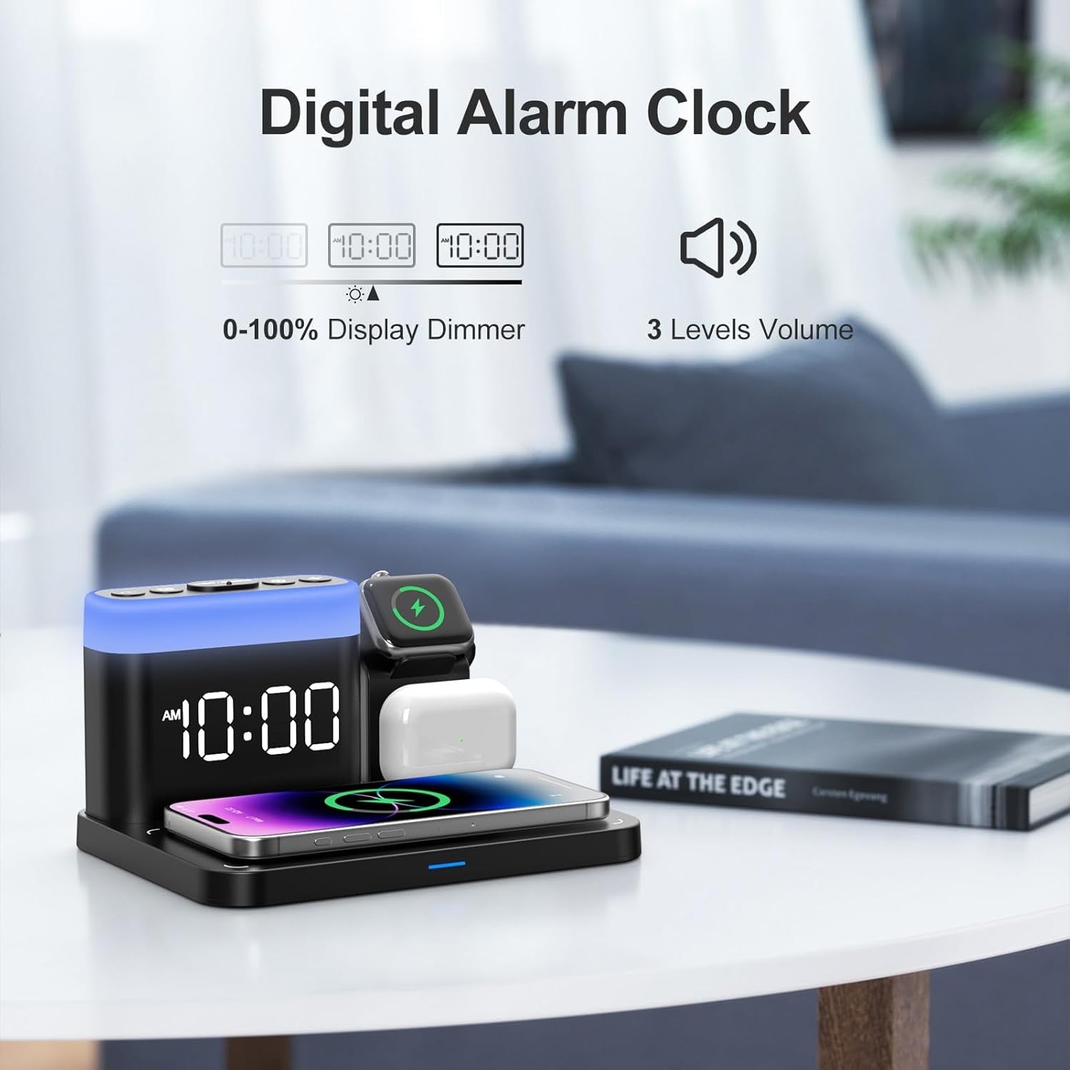 Black 5-in-1 Wireless Charging Station Alarm Clock Night Light Phone Watch