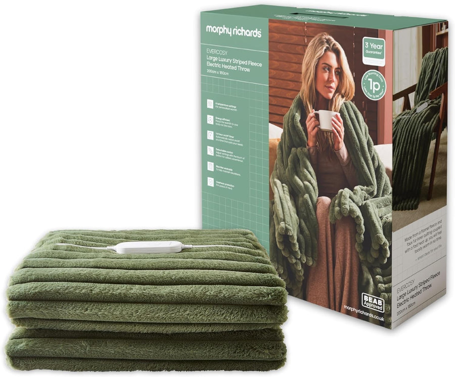 Electric Heated Throw Blanket 200x180cm Teddy Fleece 9 Heat Green Striped