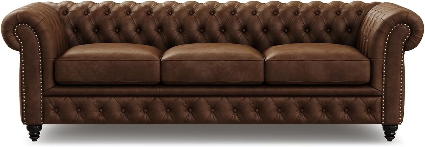 92" Chesterfield Full-Aniline Leather Sofa 3 Seater Classic Chocolate Couch