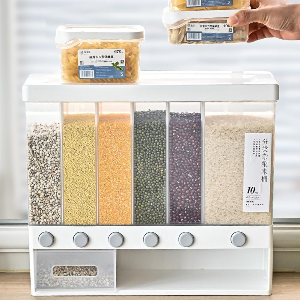 6 in 1 Wall Mounted Rice Dispenser 10KG Airtight Grain Storage Bin