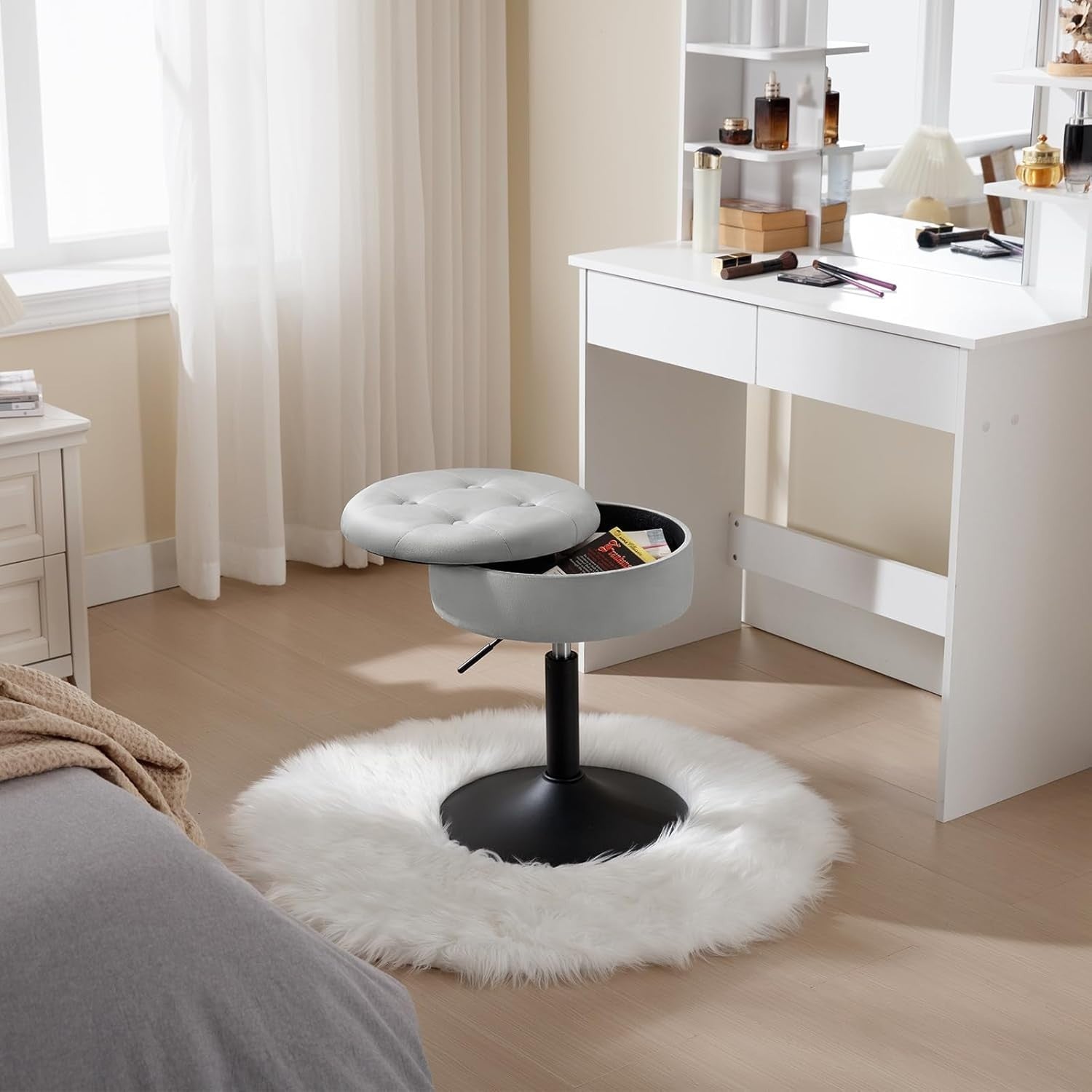Set of 2 Light Grey Velvet Swivel Vanity Stools with Storage Adjustable