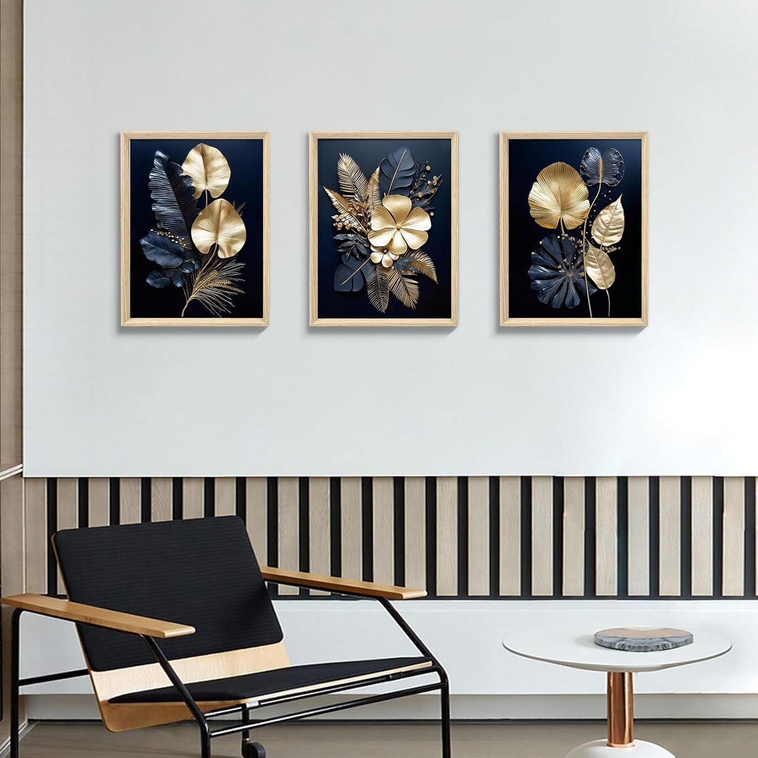 FajerminArt 3-Piece Canvas Wall Art 30x40cm Navy Gold Flowers