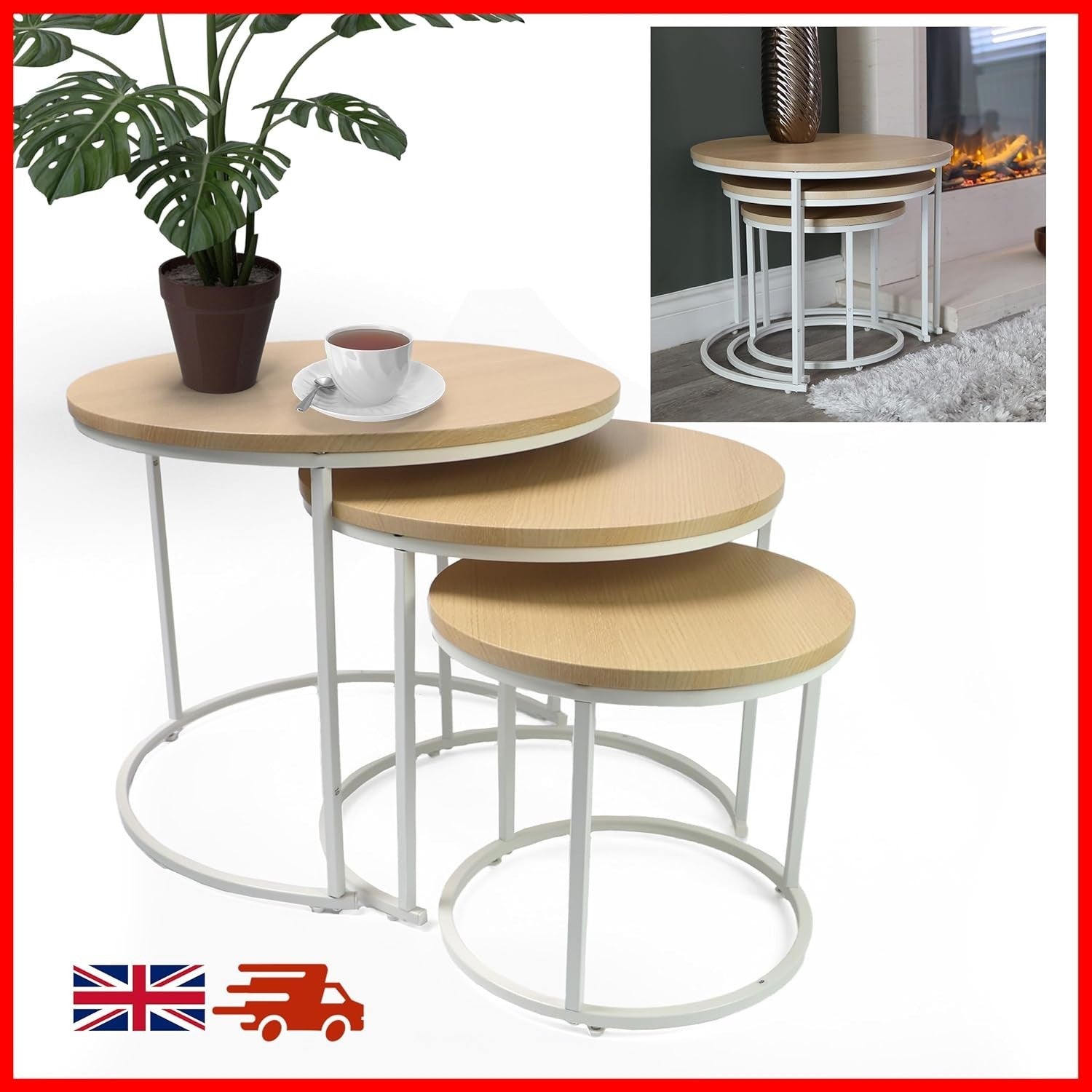 Space Saving Nesting End Tables Set 3 Round White Oak Wood Look Side Coffee
