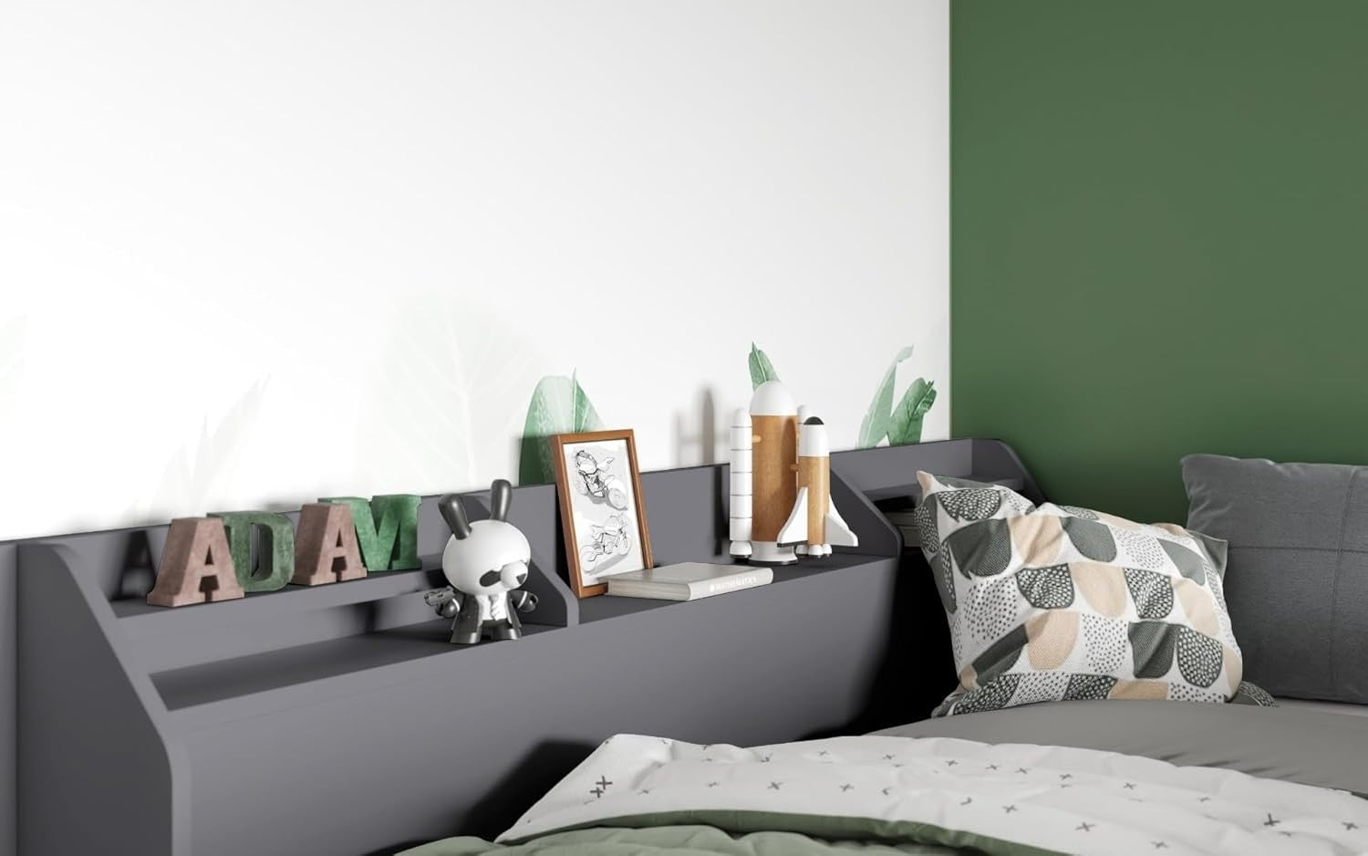 Grey Bunk Bed with Storage Stairs & Shelves for Kids Room Space Saving