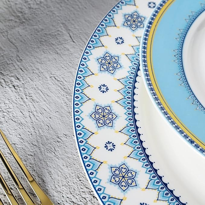 18pc Blue White Porcelain Dinner Set for 6 Plates Bowls Patterned Tableware