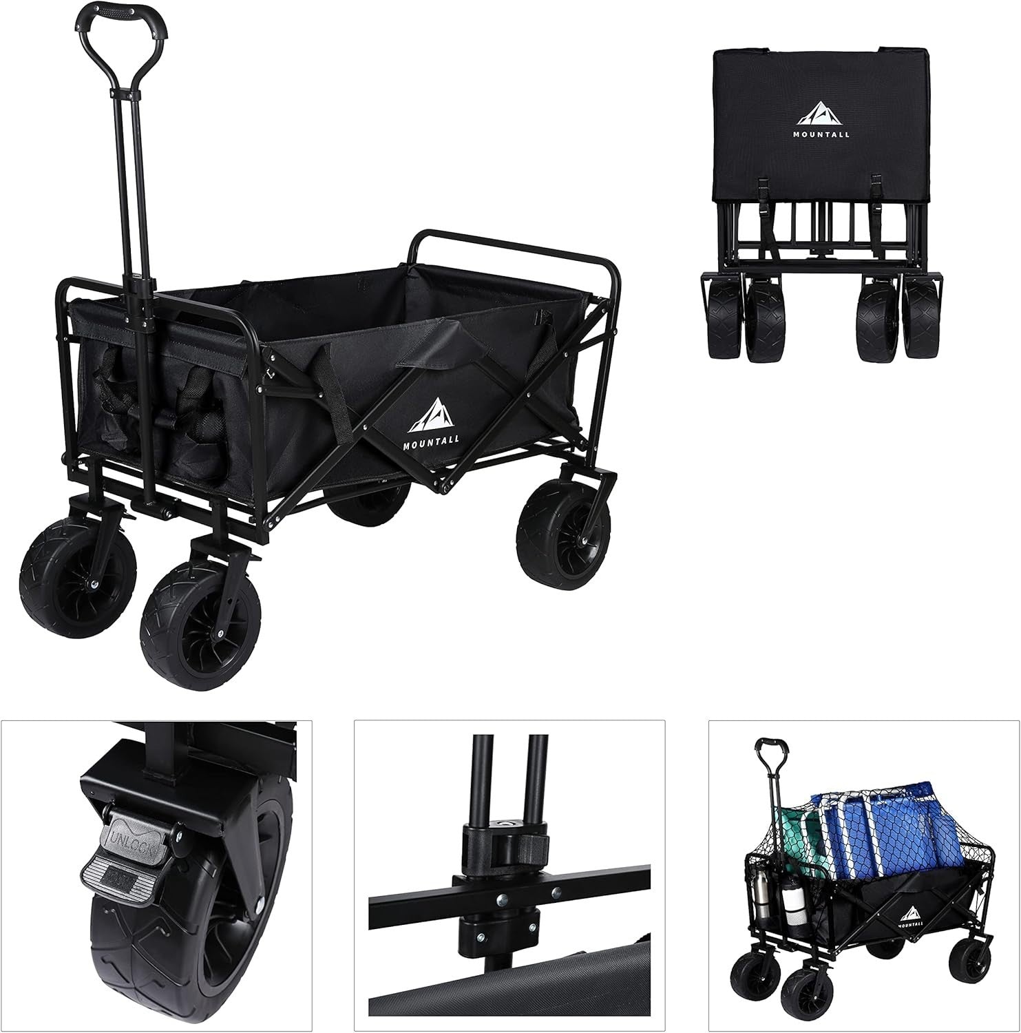 Black Heavy Duty Folding Garden Wagon Large Wheel Outdoor Utility Trolley 80kg