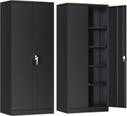 Black Metal Storage Cabinet 180cm Lock & Adjustable Shelves Tall Office Cupboard