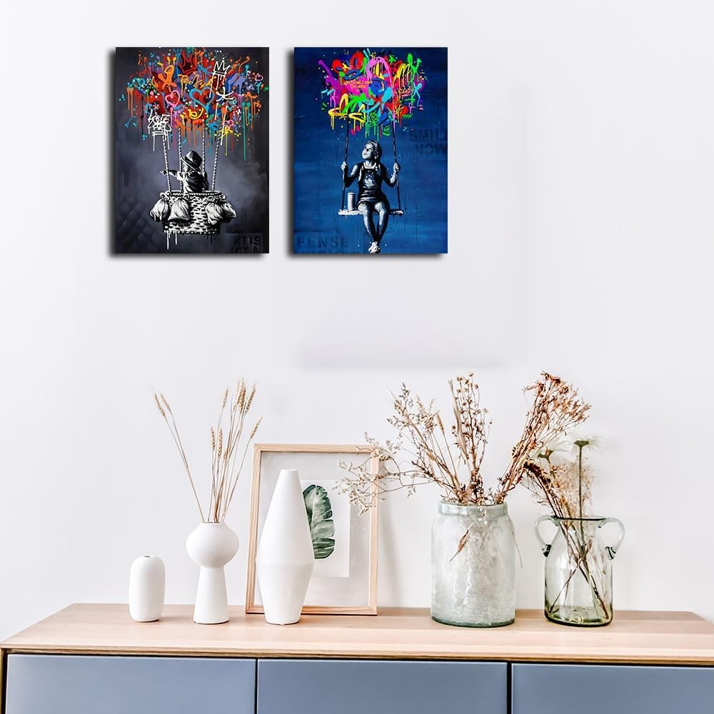 Banksy Street Graffiti Canvas – Large Colorful Abstract Wall Art 36x24in
