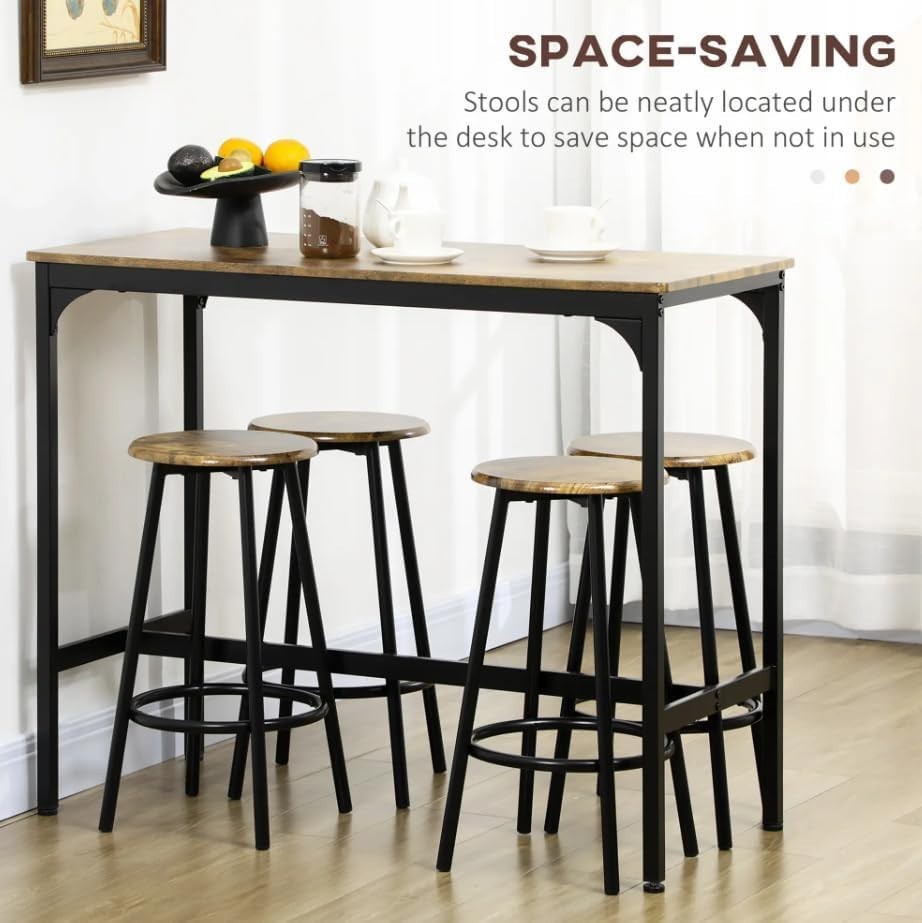 Breakfast Bar Table & 4 Stools Set Industrial Rustic Counter Height Dining